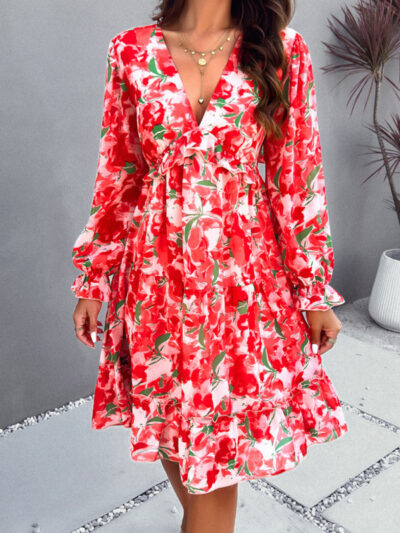 Elegant printed V-neck long-sleeved dress - Image 7