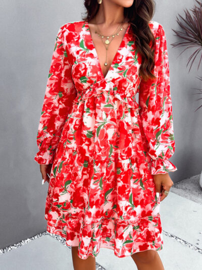 Elegant printed V-neck long-sleeved dress - Image 6