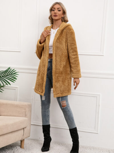 Women's Lamb Fleece Mid Length Cardigan Hooded Trench Coat - Image 4