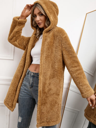 Women's Lamb Fleece Mid Length Cardigan Hooded Trench Coat - Image 5