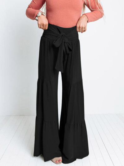 Lace Up Elastic Waist Pleated Wide Leg Pants - Image 4