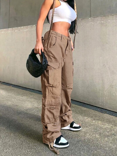 Women's Straight High Waist Loose Wide Leg Retro Daddy Cargo Pants - Image 12