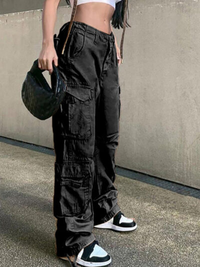 Women's Straight High Waist Loose Wide Leg Retro Daddy Cargo Pants - Image 9