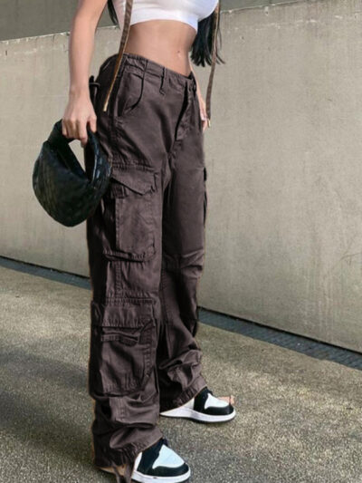 Women's Straight High Waist Loose Wide Leg Retro Daddy Cargo Pants - Image 7