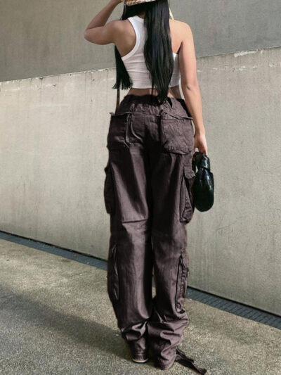 Women's Straight High Waist Loose Wide Leg Retro Daddy Cargo Pants - Image 6