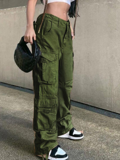 Women's Straight High Waist Loose Wide Leg Retro Daddy Cargo Pants - Image 17