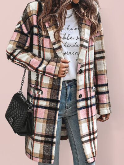 Women's lapel pocket plaid wool coat