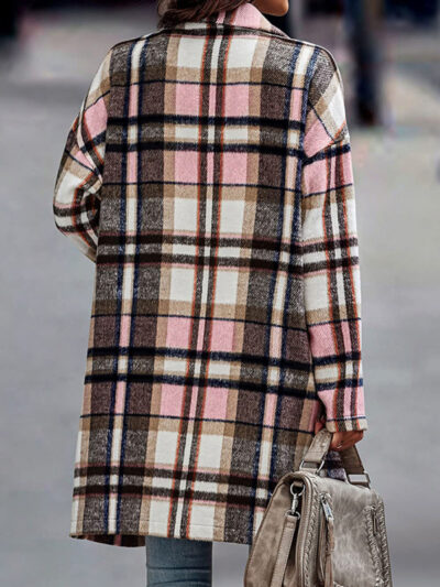 Women's lapel pocket plaid wool coat - Image 3