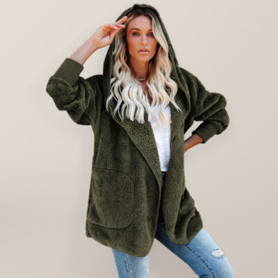 Women's Long Sleeve Jacket Casual Hooded Solid Color Cardigan Plush Women