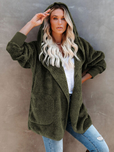 Women's Long Sleeve Jacket Casual Hooded Solid Color Cardigan Plush Women - Image 6