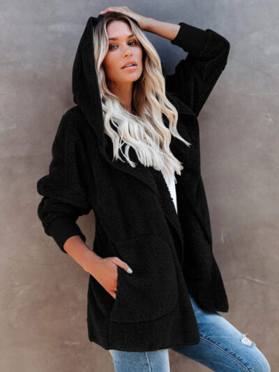 Women's Long Sleeve Jacket Casual Hooded Solid Color Cardigan Plush Women - Image 2