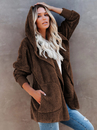 Women's Long Sleeve Jacket Casual Hooded Solid Color Cardigan Plush Women - Image 14