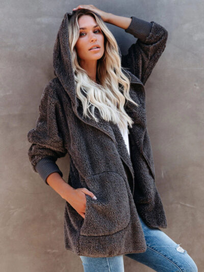 Women's Long Sleeve Jacket Casual Hooded Solid Color Cardigan Plush Women - Image 10