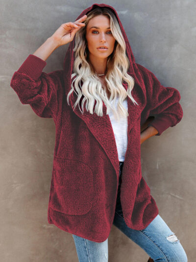 Women's Long Sleeve Jacket Casual Hooded Solid Color Cardigan Plush Women - Image 4