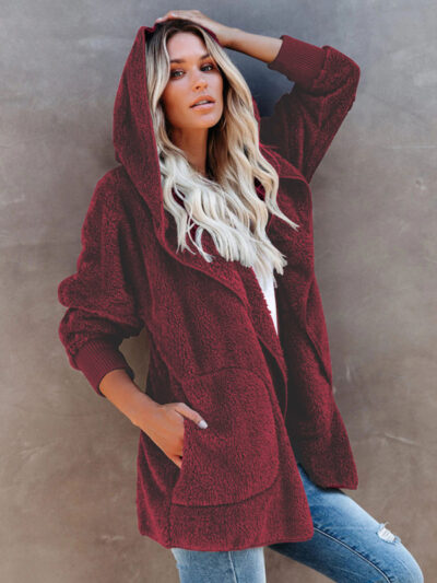 Women's Long Sleeve Jacket Casual Hooded Solid Color Cardigan Plush Women - Image 12