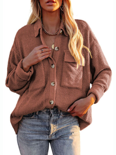 Solid Color Loose Corduroy Pocket Long Sleeve Cardigan Jacket - Image 2