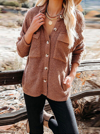 Solid Color Loose Corduroy Pocket Long Sleeve Cardigan Jacket - Image 3