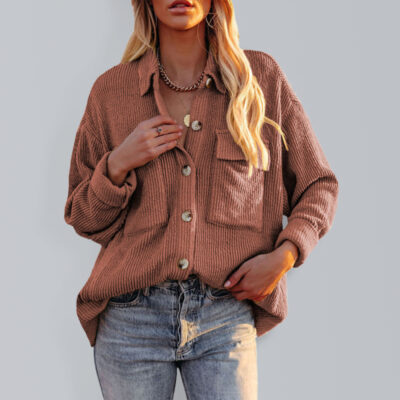 Solid Color Loose Corduroy Pocket Long Sleeve Cardigan Jacket