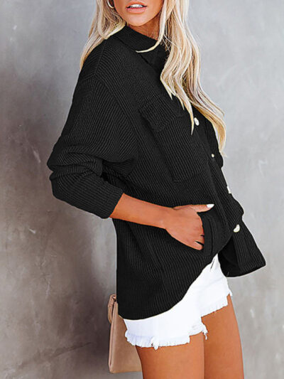 Solid Color Loose Corduroy Pocket Long Sleeve Cardigan Jacket - Image 6