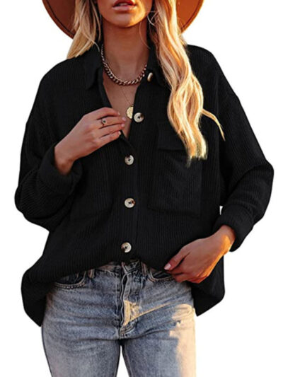 Solid Color Loose Corduroy Pocket Long Sleeve Cardigan Jacket - Image 7