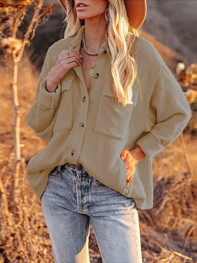 Solid Color Loose Corduroy Pocket Long Sleeve Cardigan Jacket - Image 5