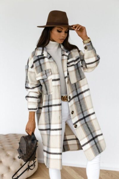 Women's long-sleeved plaid print mid-length shirt coat - Image 5