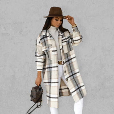 Women's long-sleeved plaid print mid-length shirt coat