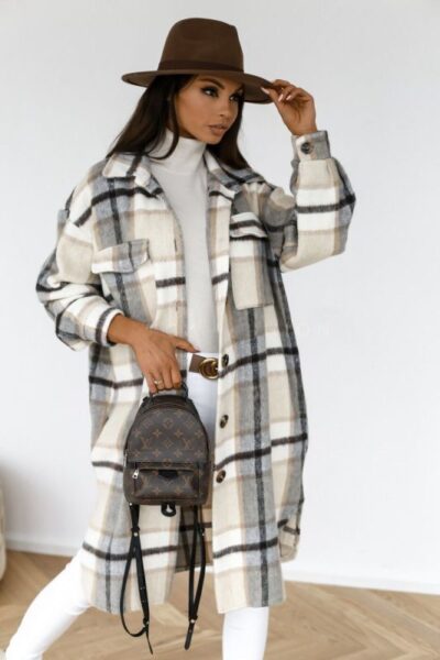 Women's long-sleeved plaid print mid-length shirt coat - Image 2