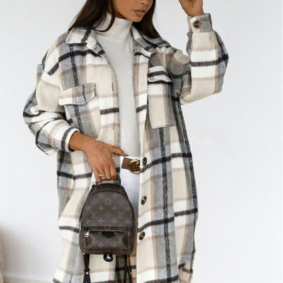 Women's long-sleeved plaid print mid-length shirt coat - Image 3