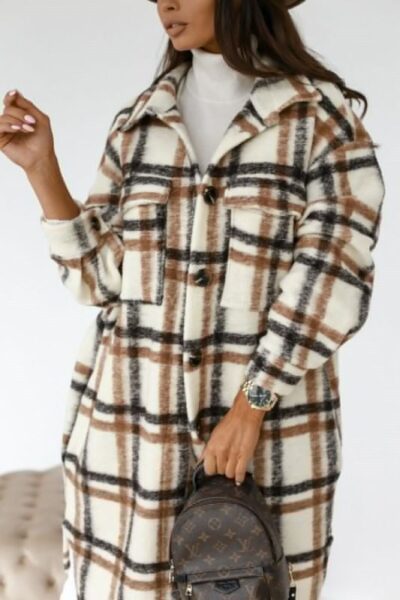 Women's long-sleeved plaid print mid-length shirt coat - Image 10