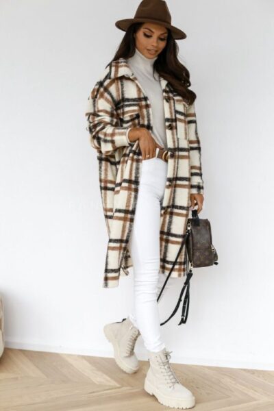 Women's long-sleeved plaid print mid-length shirt coat - Image 7