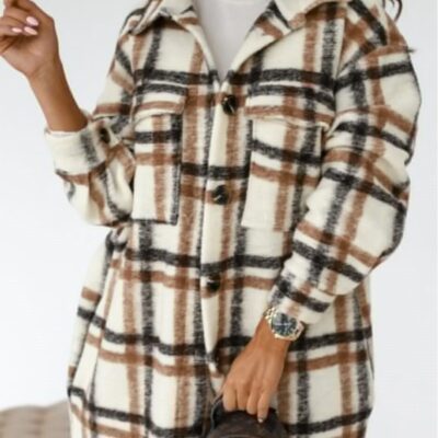 Women's long-sleeved plaid print mid-length shirt coat - Image 6