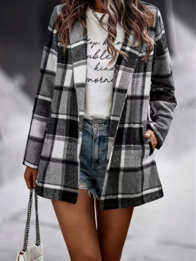 Loose Plaid Printed Long Sleeve Pocket Wool Jacket Cardigan - Image 14