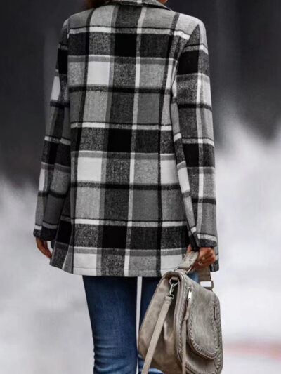 Loose Plaid Printed Long Sleeve Pocket Wool Jacket Cardigan - Image 13