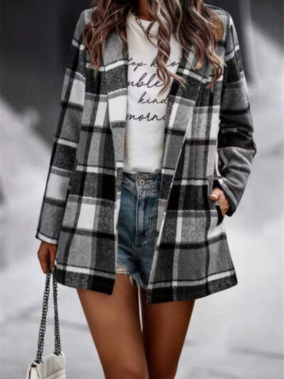 Loose Plaid Printed Long Sleeve Pocket Wool Jacket Cardigan - Image 15