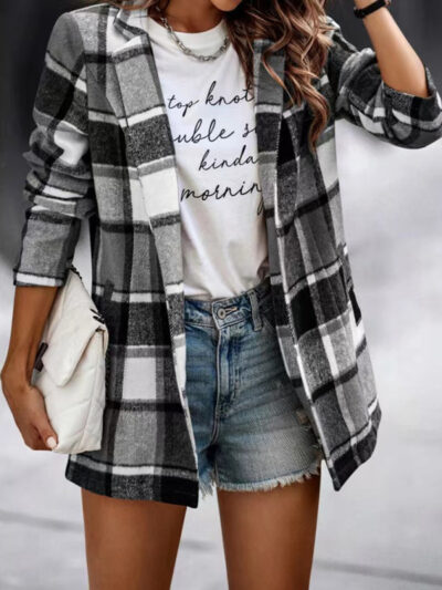 Loose Plaid Printed Long Sleeve Pocket Wool Jacket Cardigan - Image 4