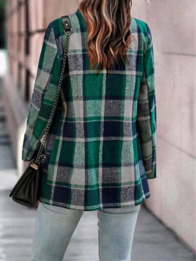 Loose Plaid Printed Long Sleeve Pocket Wool Jacket Cardigan - Image 18