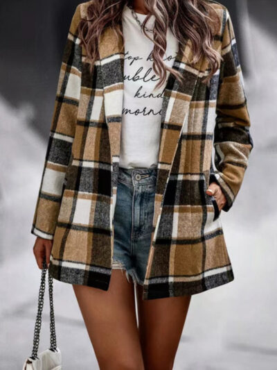 Loose Plaid Printed Long Sleeve Pocket Wool Jacket Cardigan - Image 5