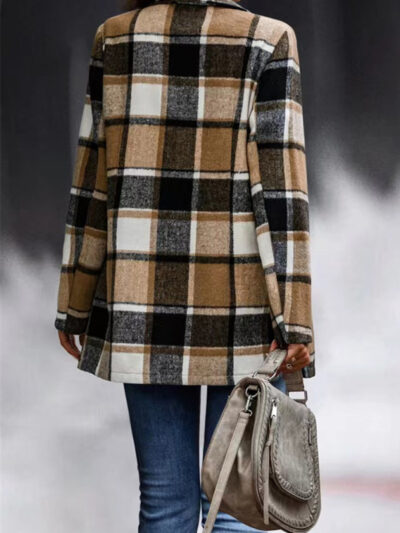 Loose Plaid Printed Long Sleeve Pocket Wool Jacket Cardigan - Image 16