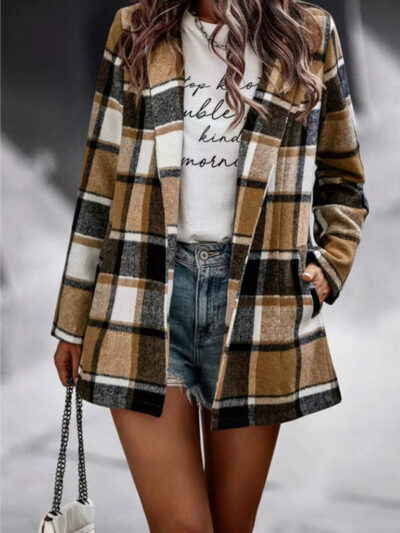 Loose Plaid Printed Long Sleeve Pocket Wool Jacket Cardigan - Image 17