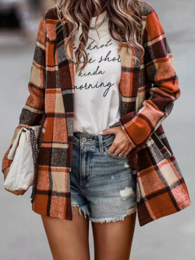 Loose Plaid Printed Long Sleeve Pocket Wool Jacket Cardigan - Image 3