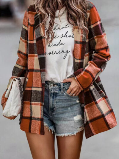 Loose Plaid Printed Long Sleeve Pocket Wool Jacket Cardigan - Image 12