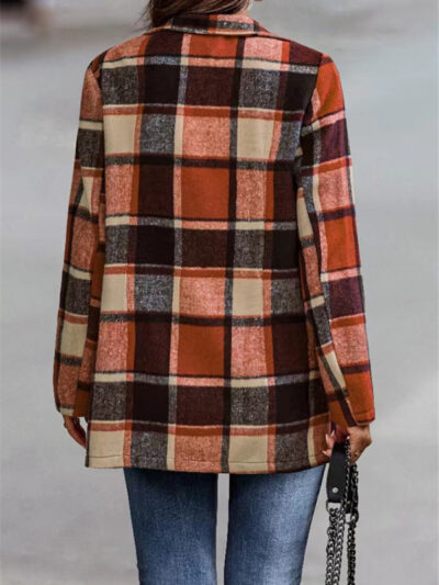 Loose Plaid Printed Long Sleeve Pocket Wool Jacket Cardigan - Image 11