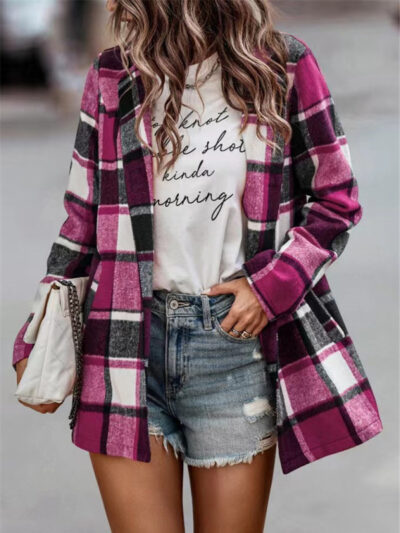 Loose Plaid Printed Long Sleeve Pocket Wool Jacket Cardigan - Image 7