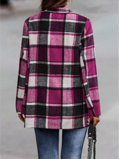 Loose Plaid Printed Long Sleeve Pocket Wool Jacket Cardigan - Image 8