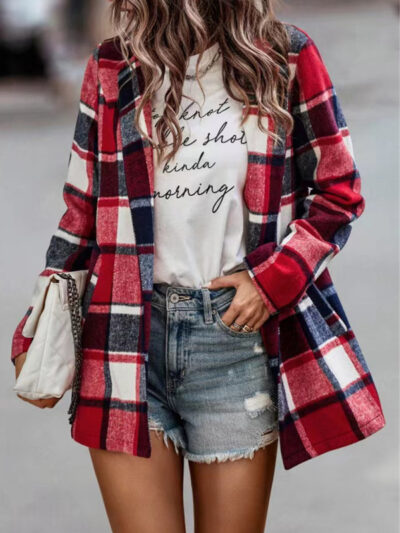 Loose Plaid Printed Long Sleeve Pocket Wool Jacket Cardigan - Image 10