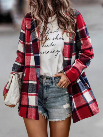 Loose Plaid Printed Long Sleeve Pocket Wool Jacket Cardigan - Image 2