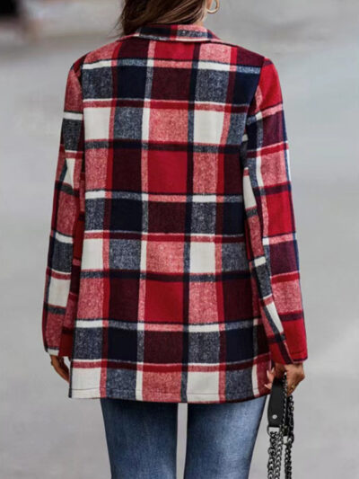 Loose Plaid Printed Long Sleeve Pocket Wool Jacket Cardigan - Image 9