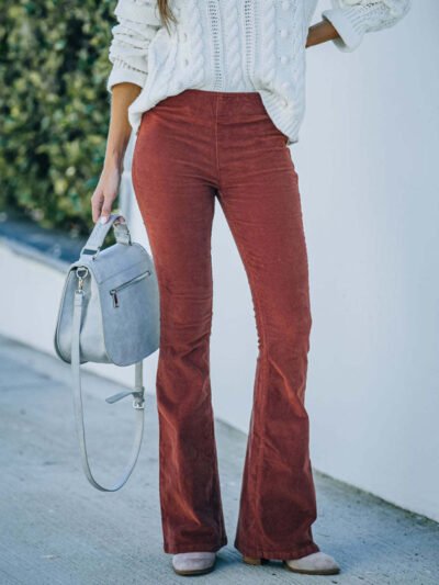 Solid Color High Waist Slim Flared Pants Corduroy Elastic Waist Casual Pants - Image 9