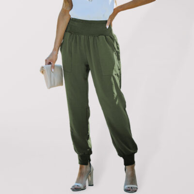 Solid Color High-Waist Ribbed Crop Pocket Lounge Pants